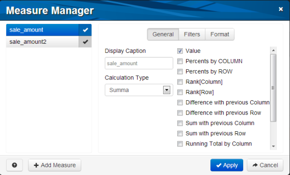 Measure manager showing measure selection and configuration options.